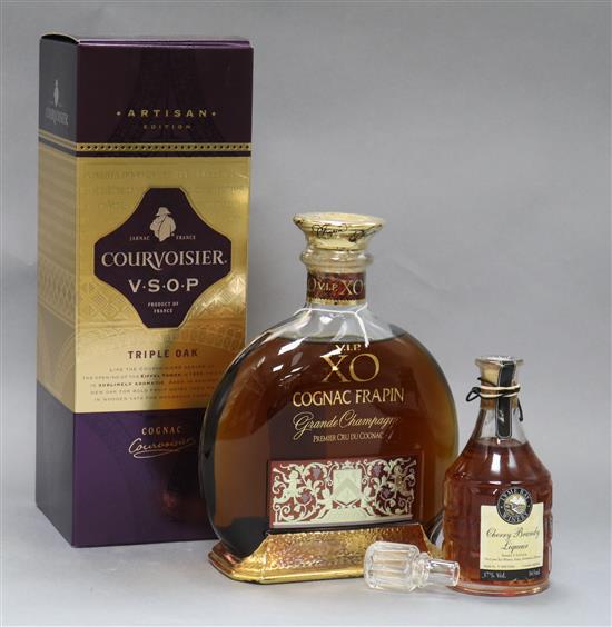 Two bottles of cognac -VIP XO Frapin 70cl., Courvoisier Artisan Edition Triple oak, 1 litre and a cherry brandy liqueur